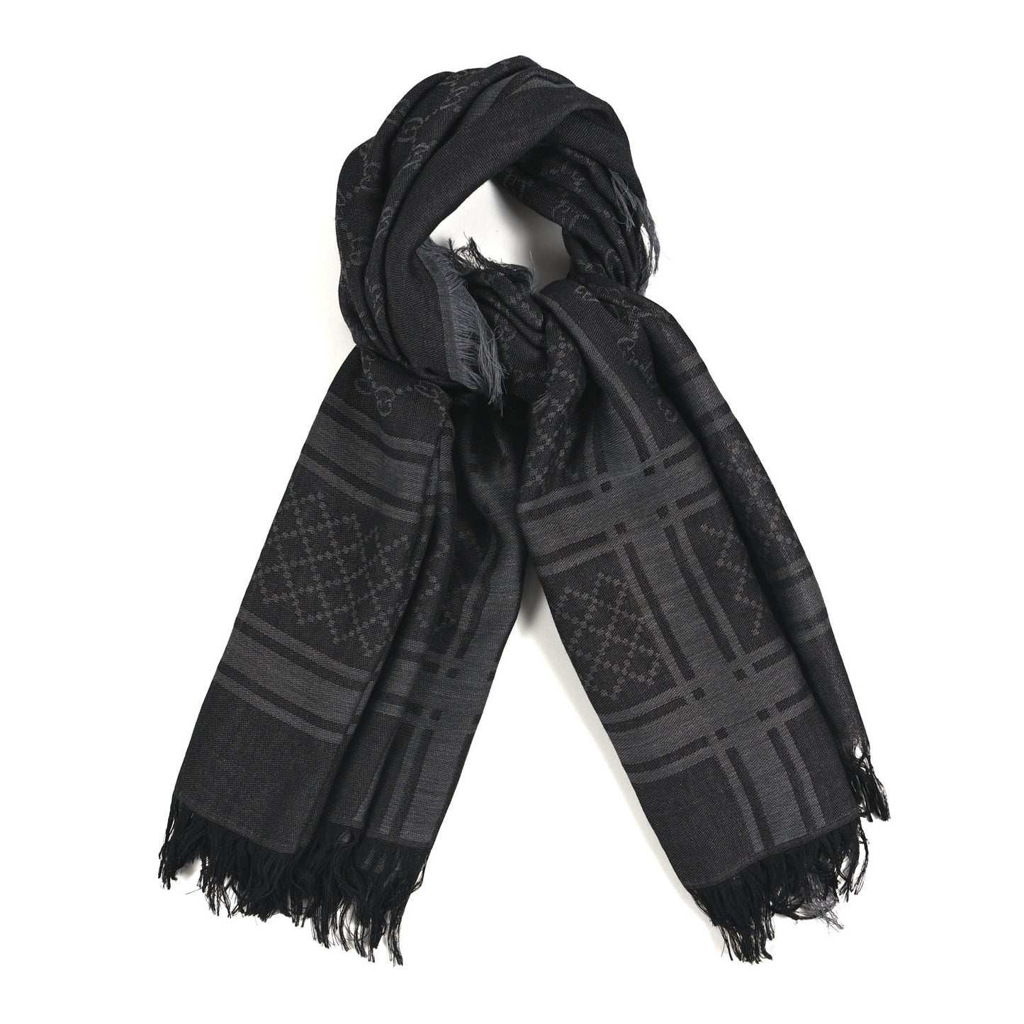 Wool Silk GG Monogram Diamante Plaid Surviee Shawl Graphite Black