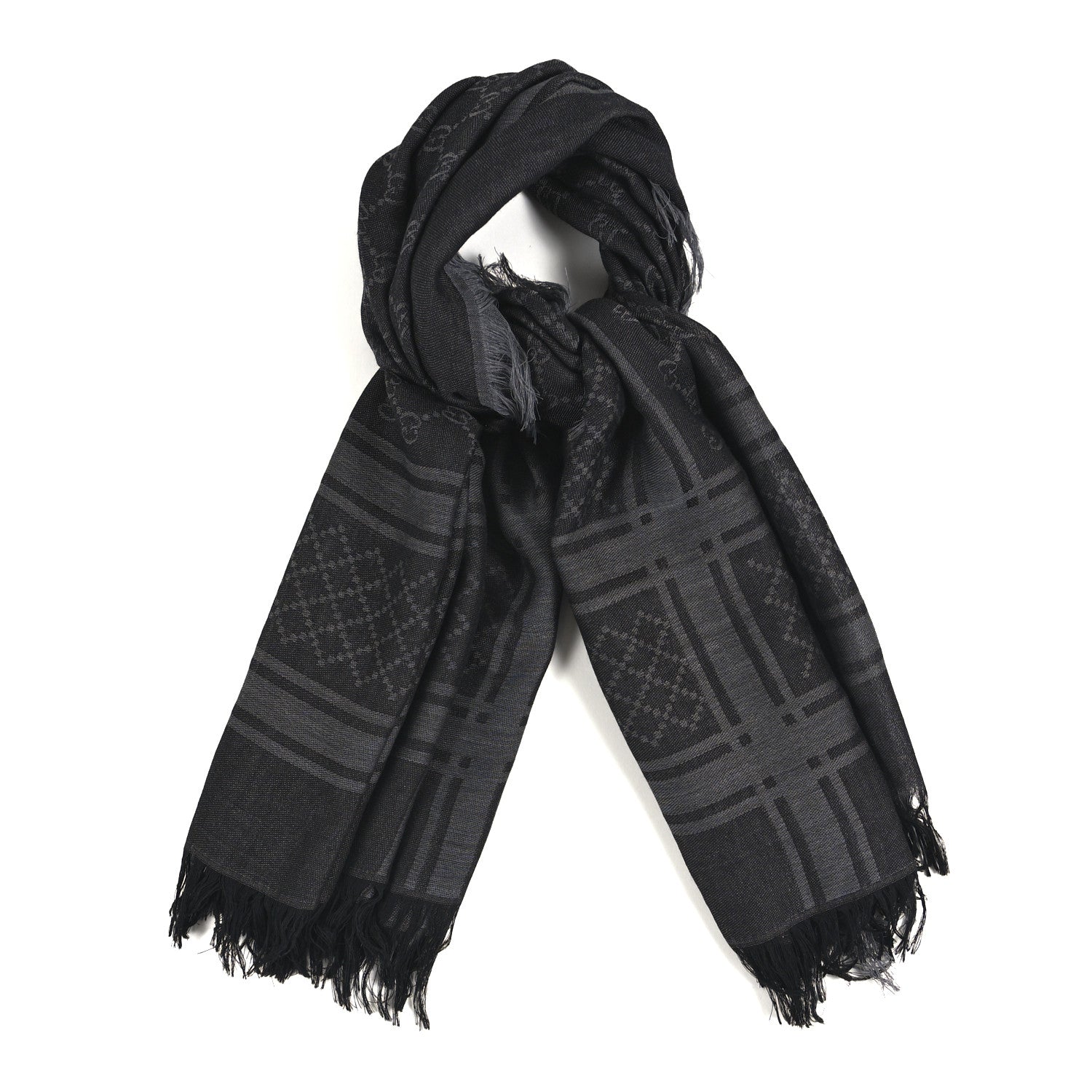 Gucci Wool Silk GG Monogram Diamante Plaid Surviee Shawl Graphite Black 2 of 8