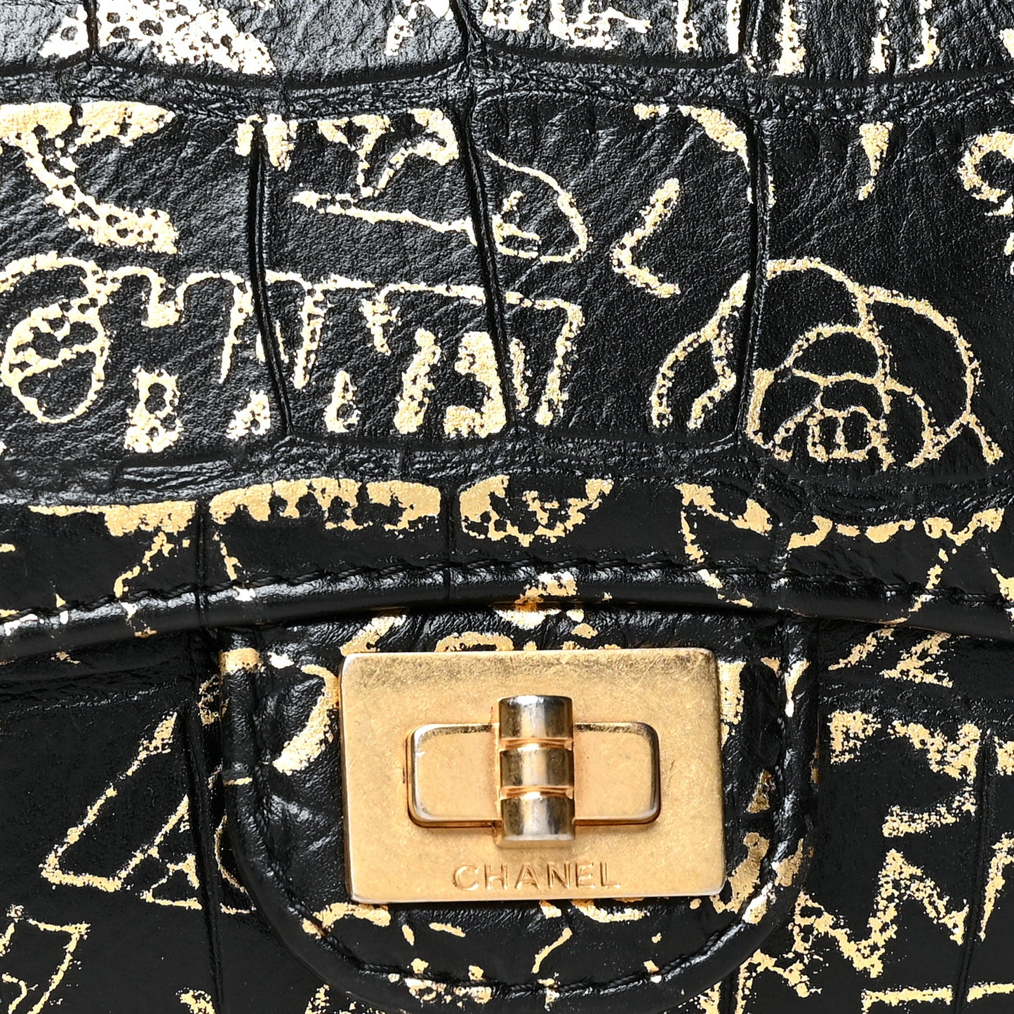 Calfskin Crocodile Embossed Graffiti Reissue Flap Zip Card Holder Black Gold
