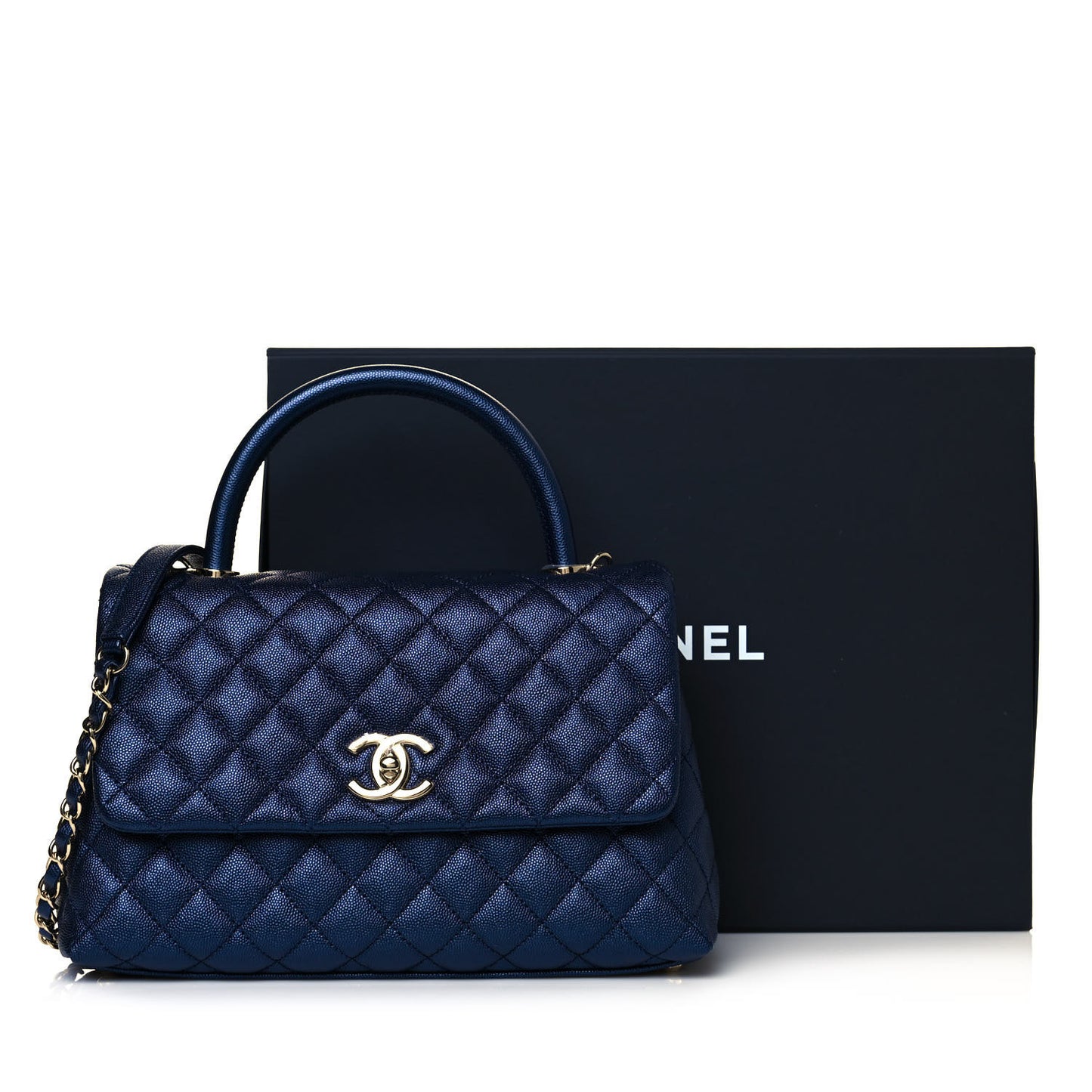 Iridescent Caviar Quilted Small Coco Handle Flap Dark Blue