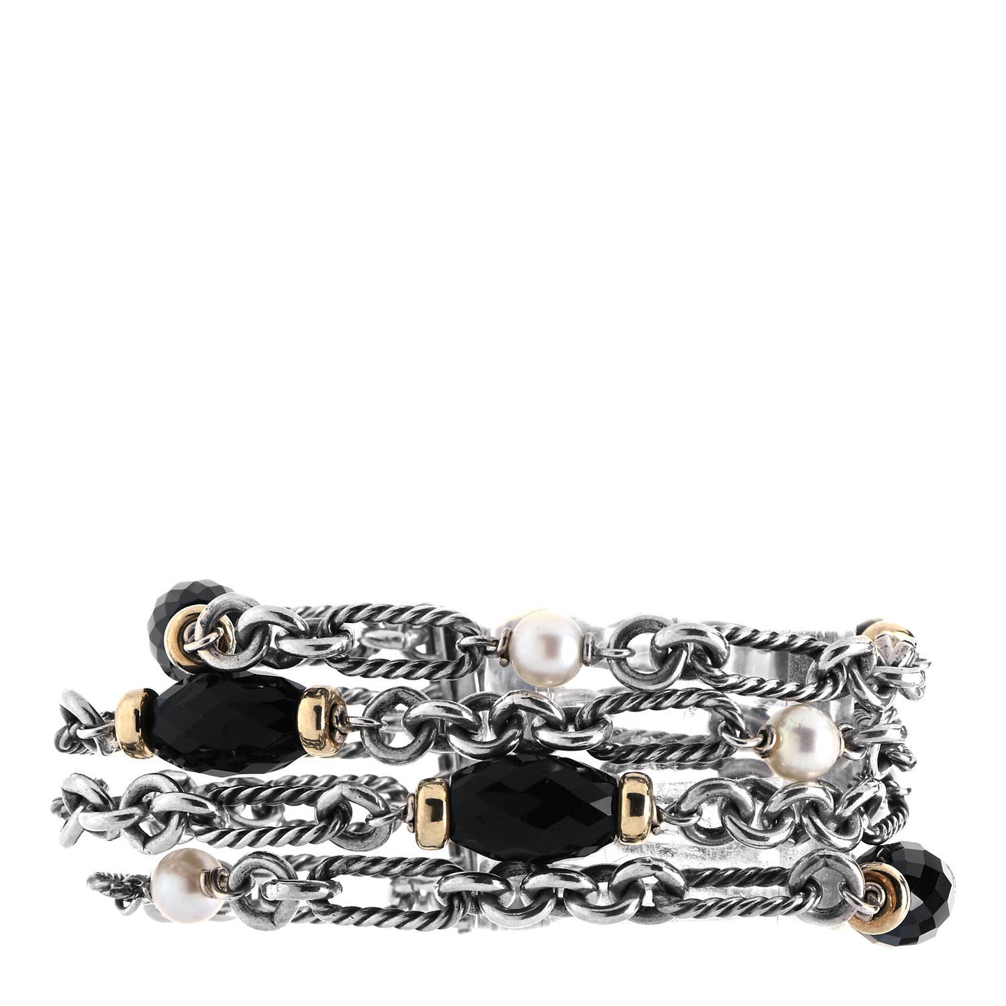 Sterling Silver 18K Yellow Gold Black Onyx Pearl Multi Strand Figaro Bracelet