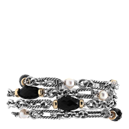 David Yurman Sterling Silver 18K Yellow Gold Black Onyx Pearl Multi Strand Figaro Bracelet 1 of 4