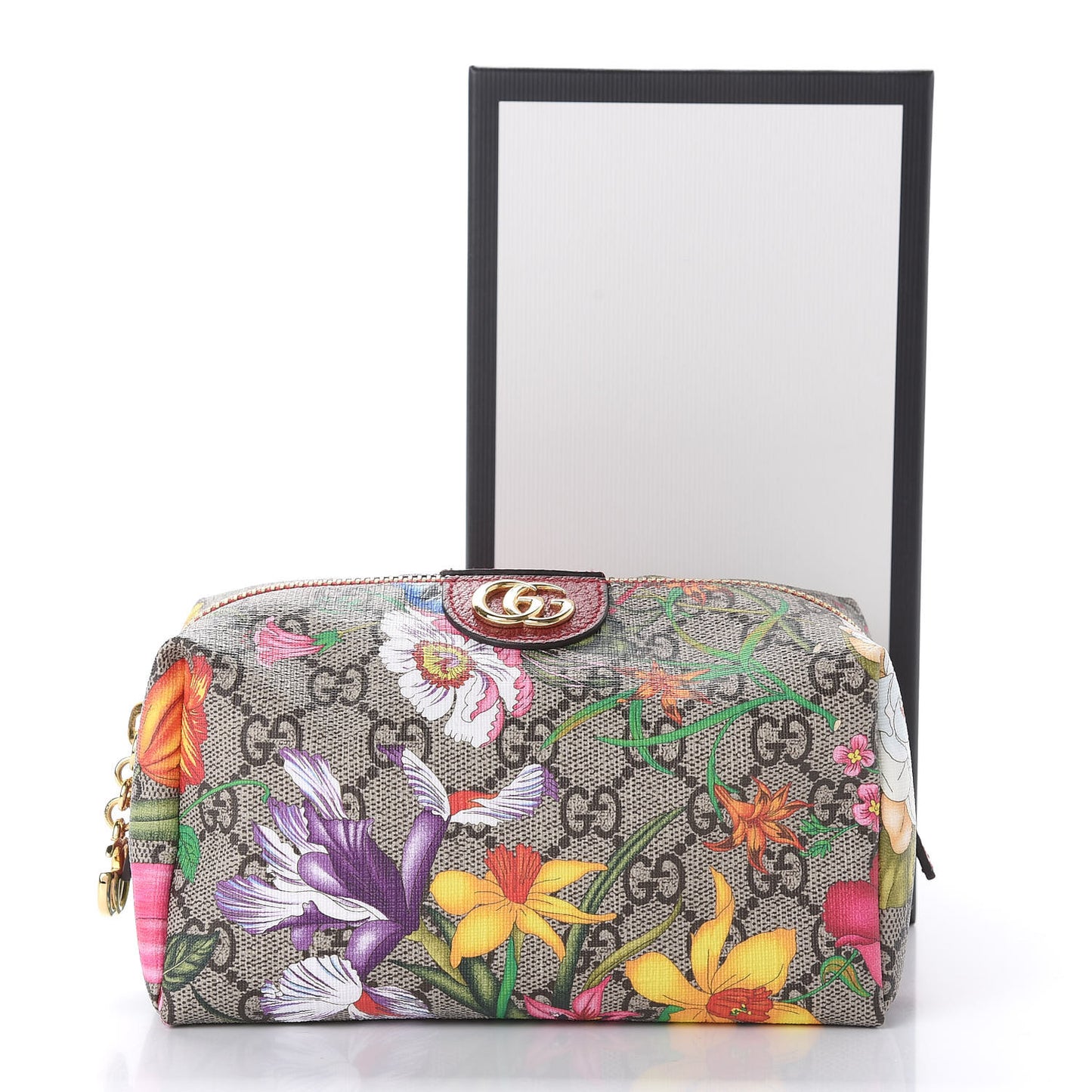 Soft GG Supreme Monogram Flora Calfskin Medium Ophidia Cosmetic Case Beige Ebony Multicolor Rosso
