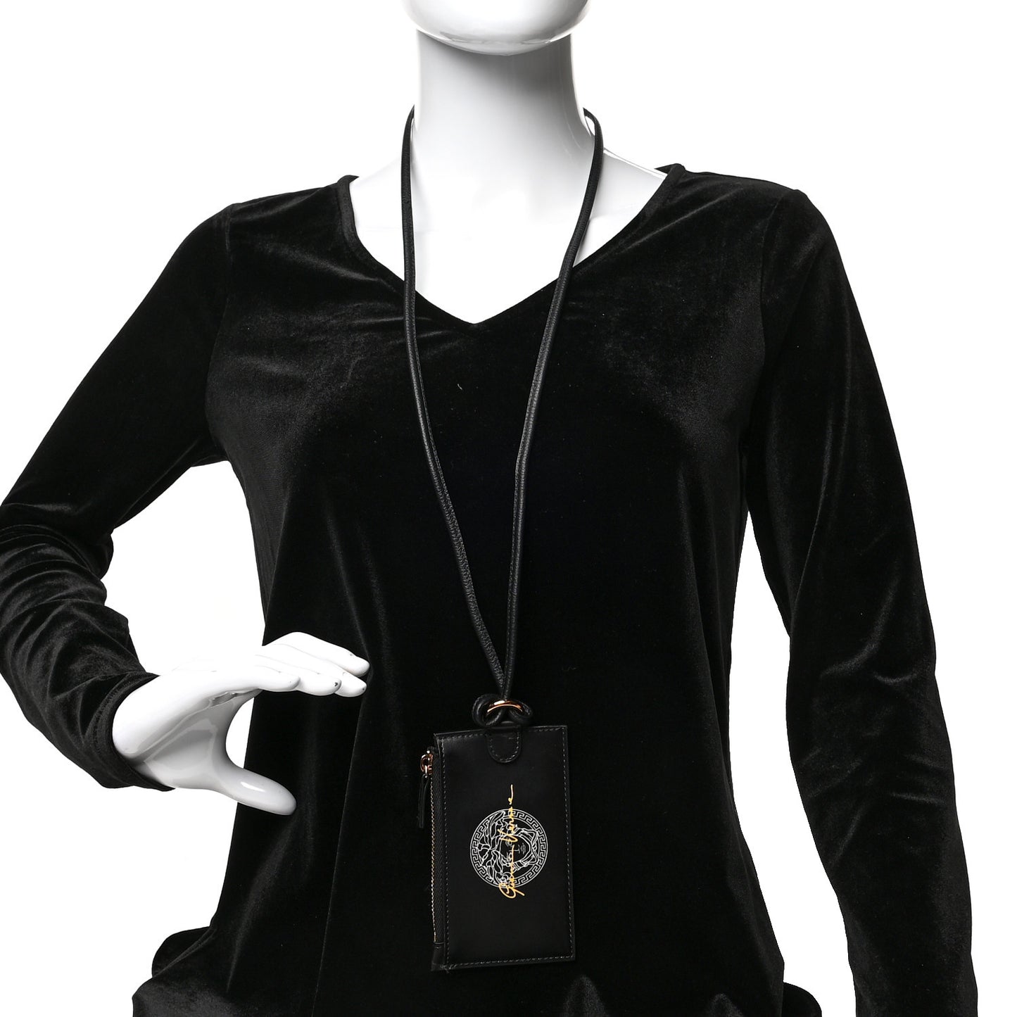 Calfskin Logo Medusa Lanyard Wallet Black