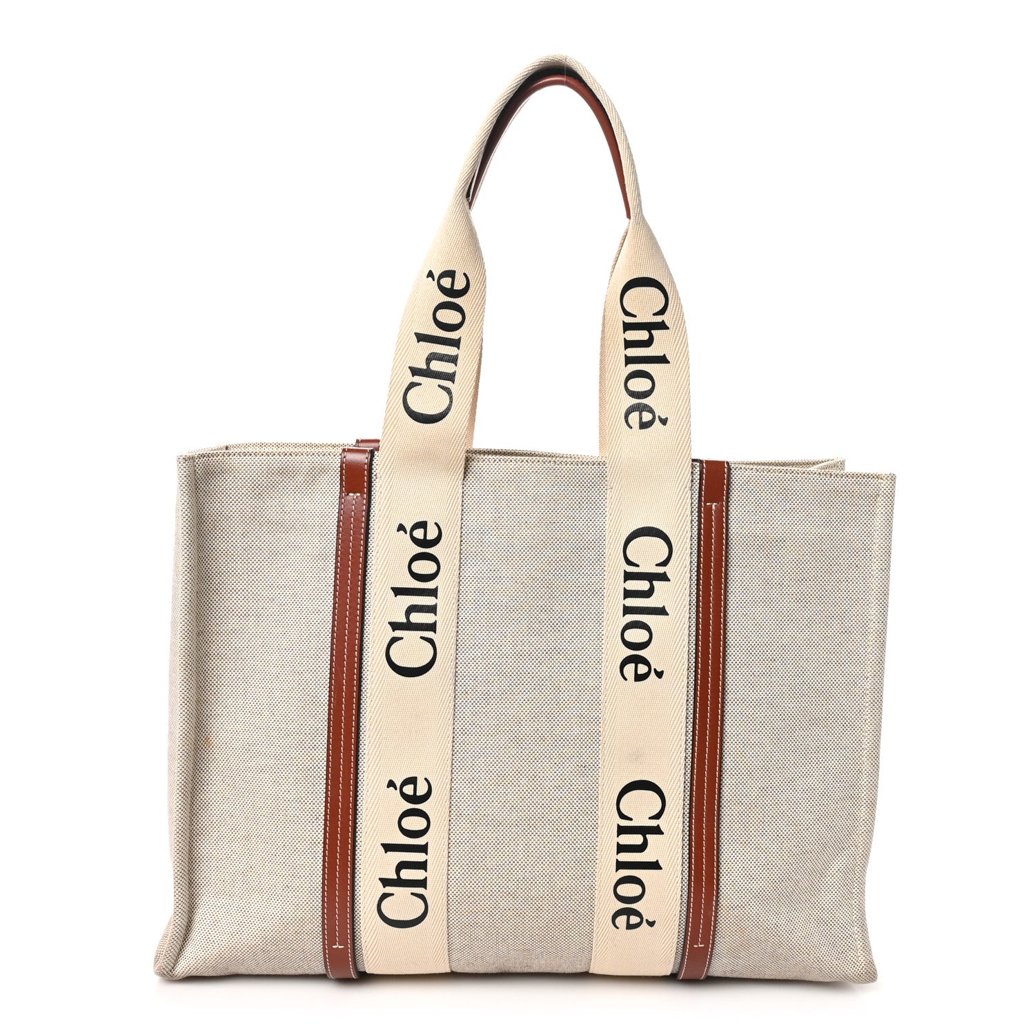 Chloe Cotton Calfskin Large Woody Ribbon Tote White Brown 1 of 11