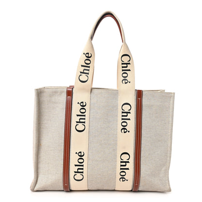 Chloe Cotton Calfskin Large Woody Ribbon Tote White Brown 1 of 11