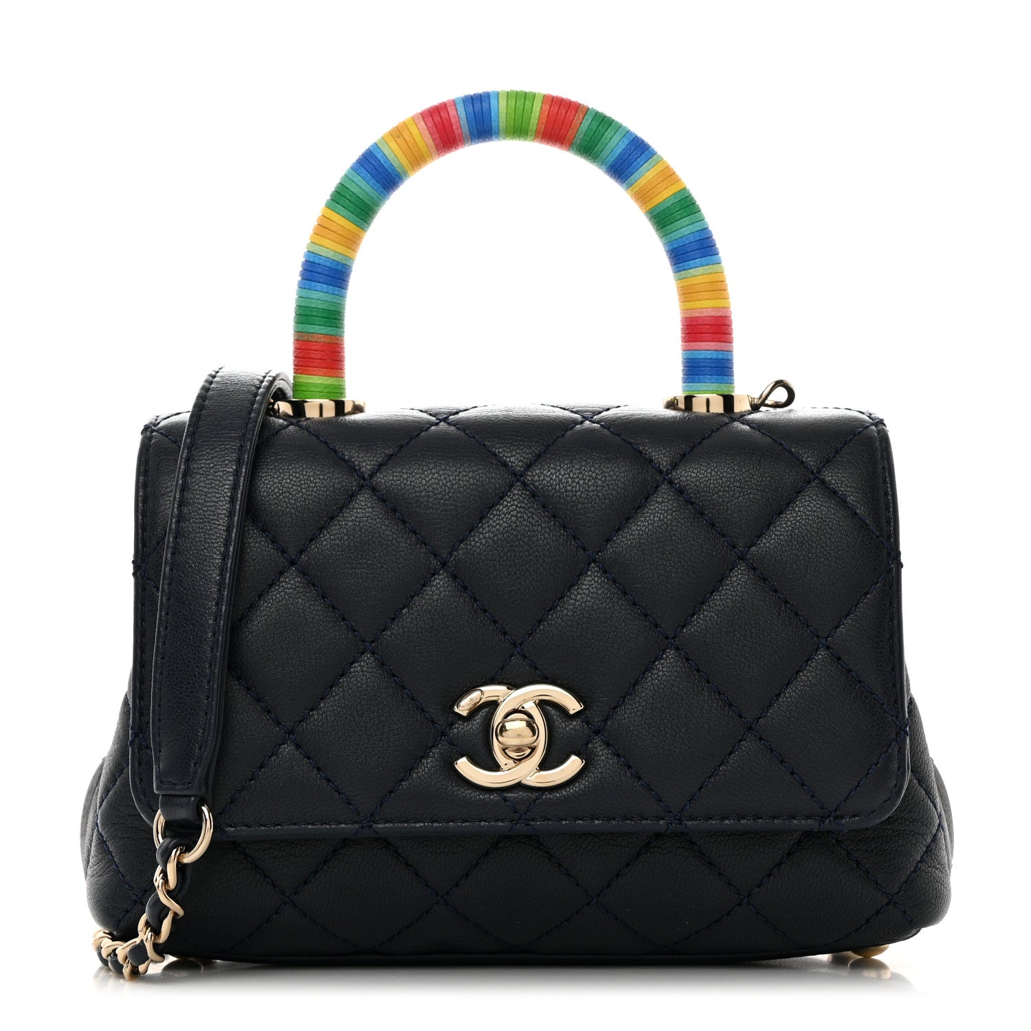 Chanel Goatskin Quilted Extra Mini Rainbow Coco Handle Flap Navy Blue 1 of 10