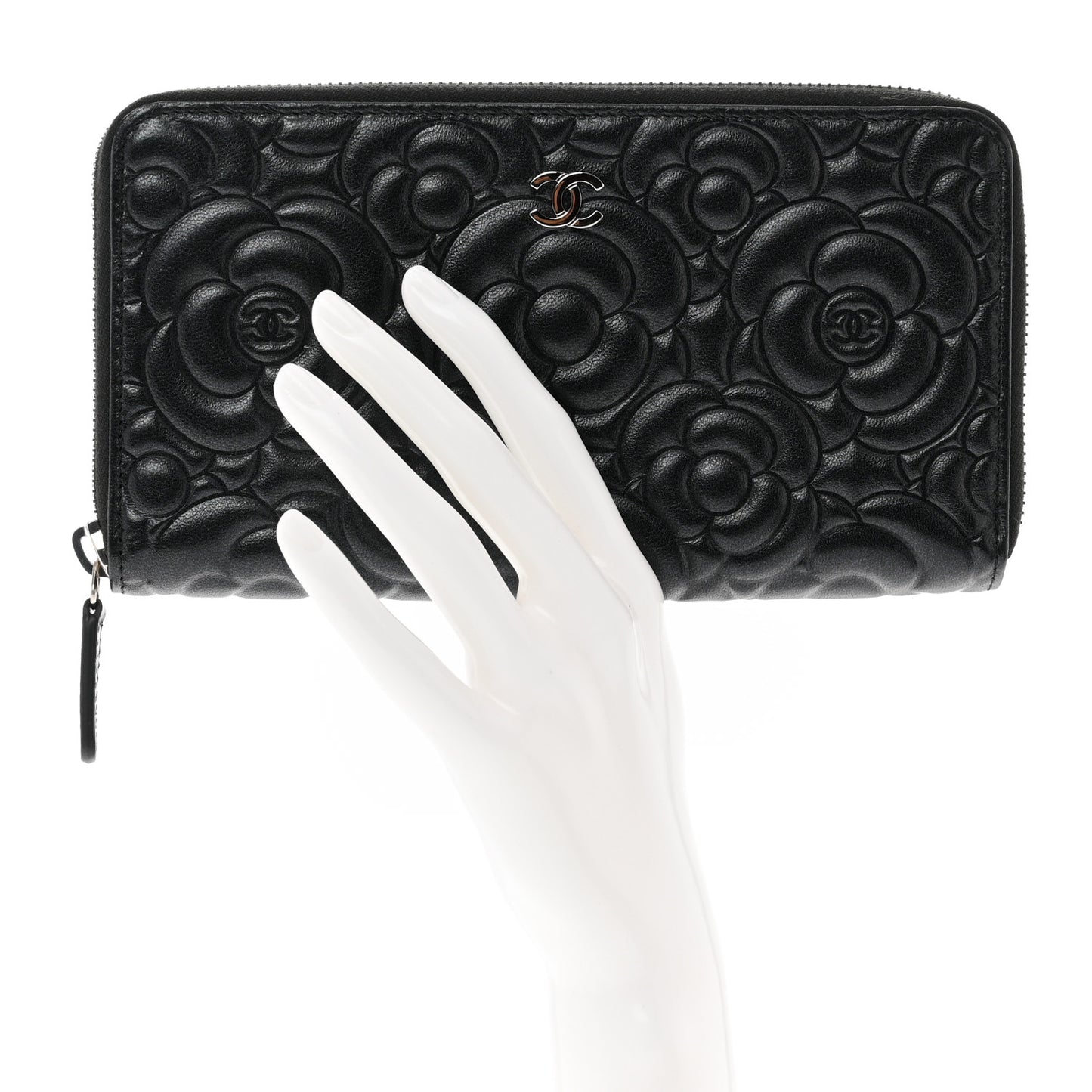 Iridescent Lambskin Camellia Embossed Large Zip Around Gusset Wallet Black