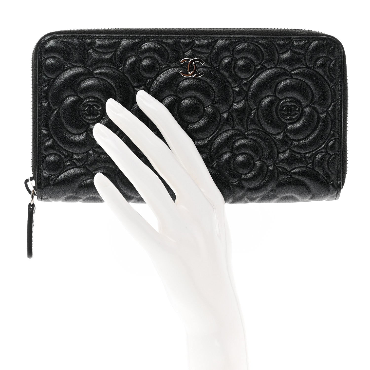 Chanel Iridescent Lambskin Camellia Embossed Large Zip Around Gusset Wallet Black 2 of 9