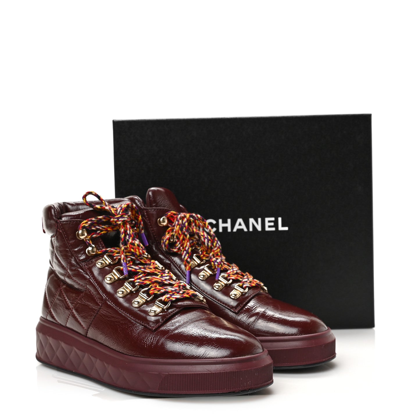 Patent Calfskin Quilted Womens High Top Sneakers 39.5 Burgundy