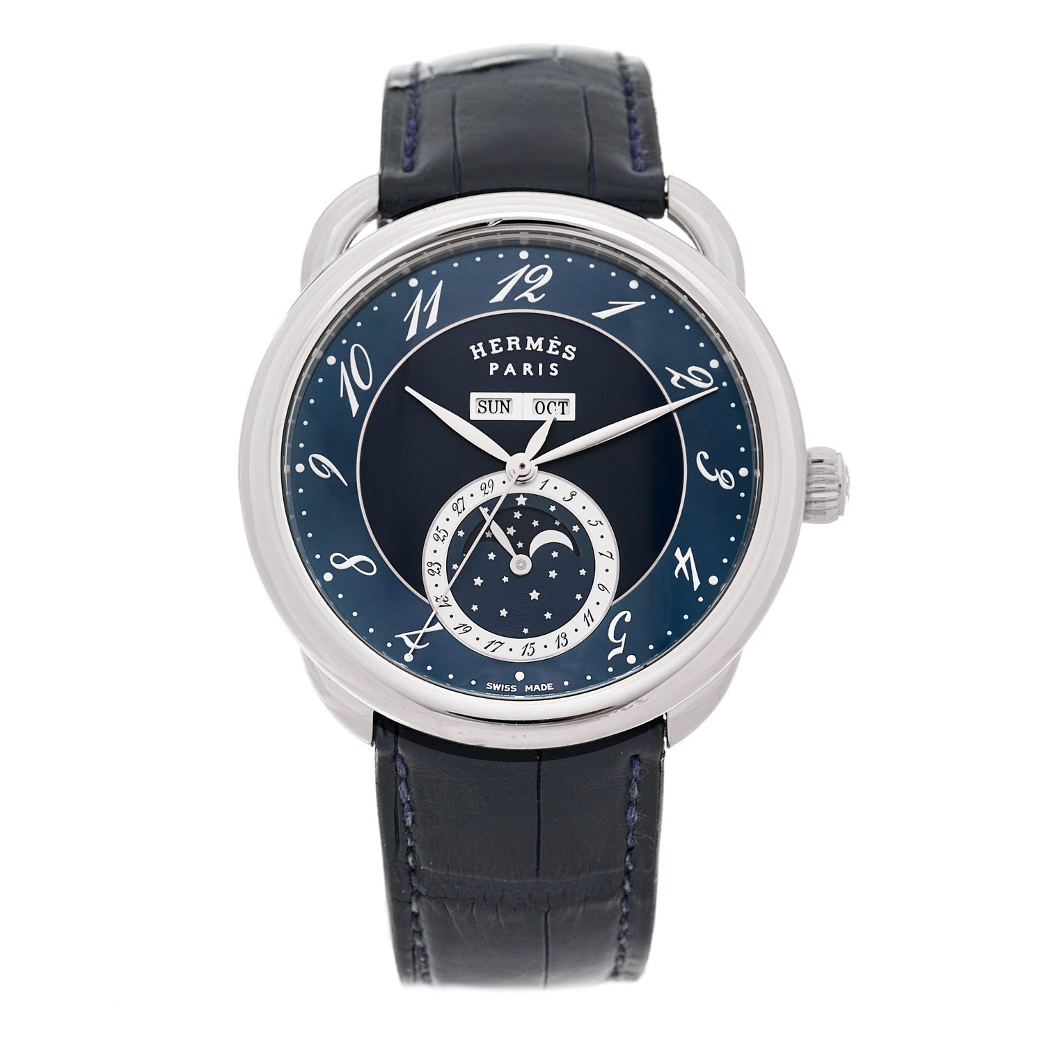 Hermes Stainless Steel Alligator 43mm Arceau Grande Lune Automatic Watch Bleu Abysse 1 of 4