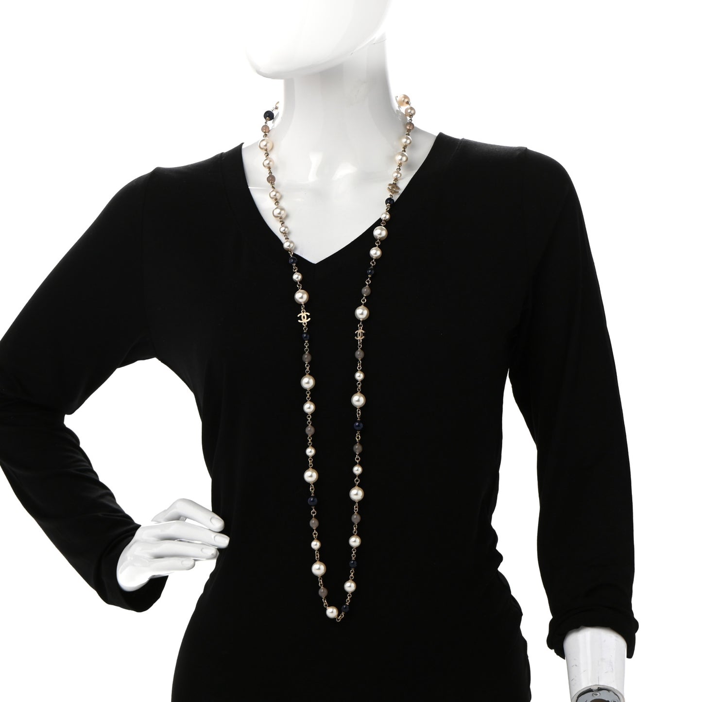 Pearl Bead Enamel CC Long Necklace Navy Gold