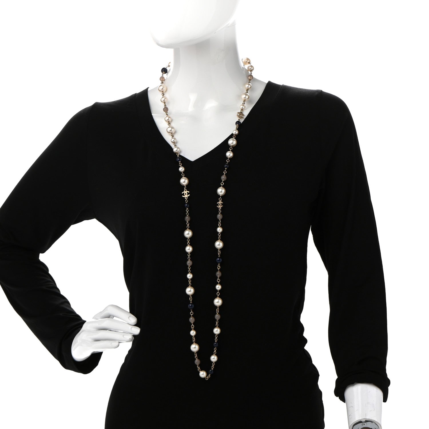 Chanel Pearl Bead Enamel CC Long Necklace Navy Gold 2 of 6