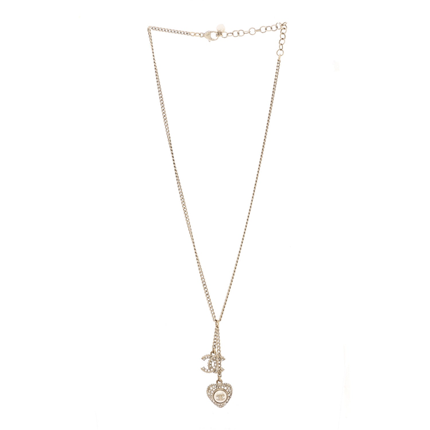 Chanel Pearl Crystal CC Heart Necklace Gold Pearly White 3 of 7