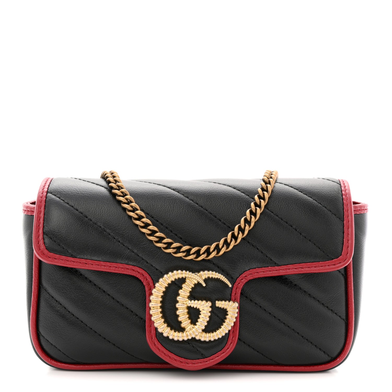 Gucci Vintage Effect Calfskin Matelasse Diagonal Super Mini Torchon GG Marmont Shoulder Bag Black Romantic Cherry 1 of 10