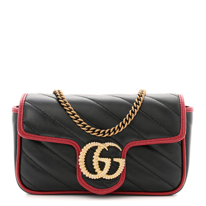 Gucci Vintage Effect Calfskin Matelasse Diagonal Super Mini Torchon GG Marmont Shoulder Bag Black Romantic Cherry 1 of 10