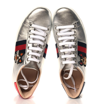 Gucci Metallic Nappa Silk Ayers Web Embroidered Womens Ace Sneakers 38 Silver 2 of 9