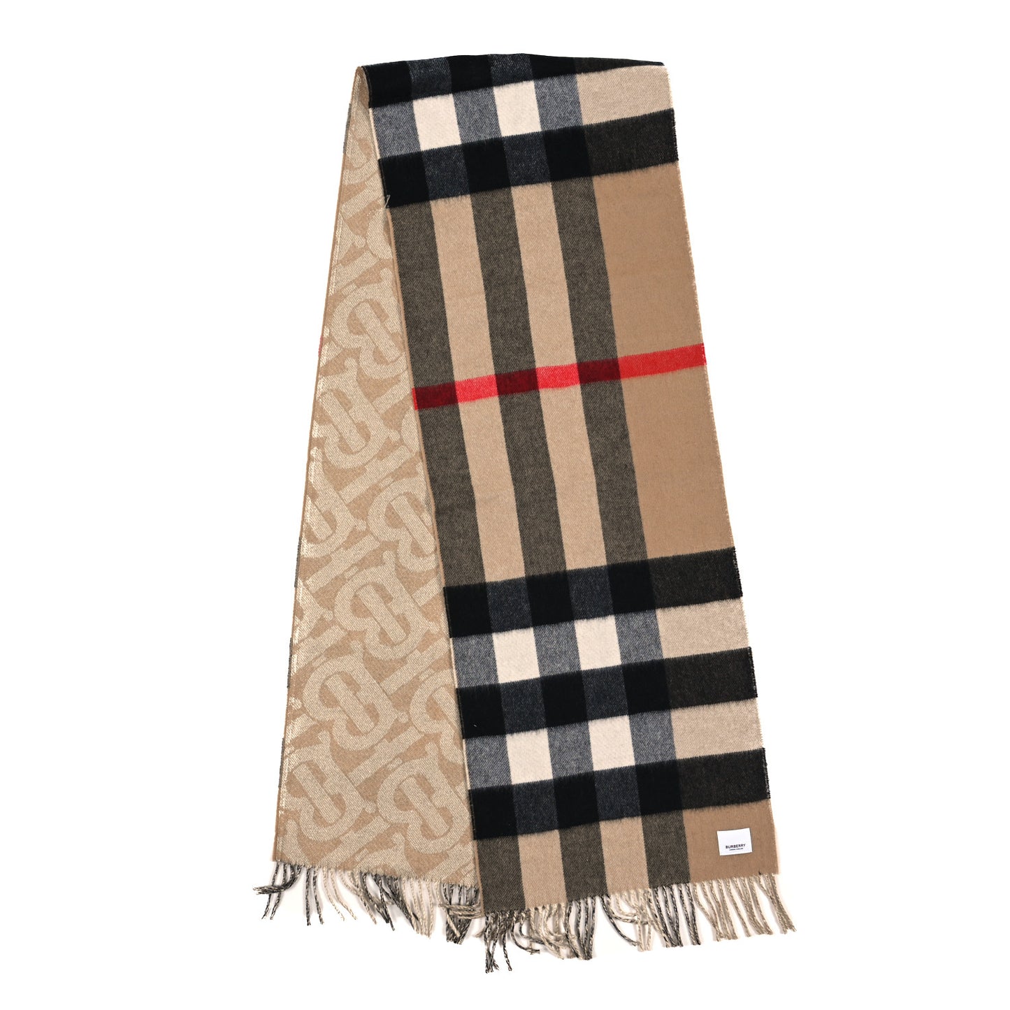 Cashmere Half Mega Check Monogram TB Reversible Fringe Scarf Archive Beige Gold