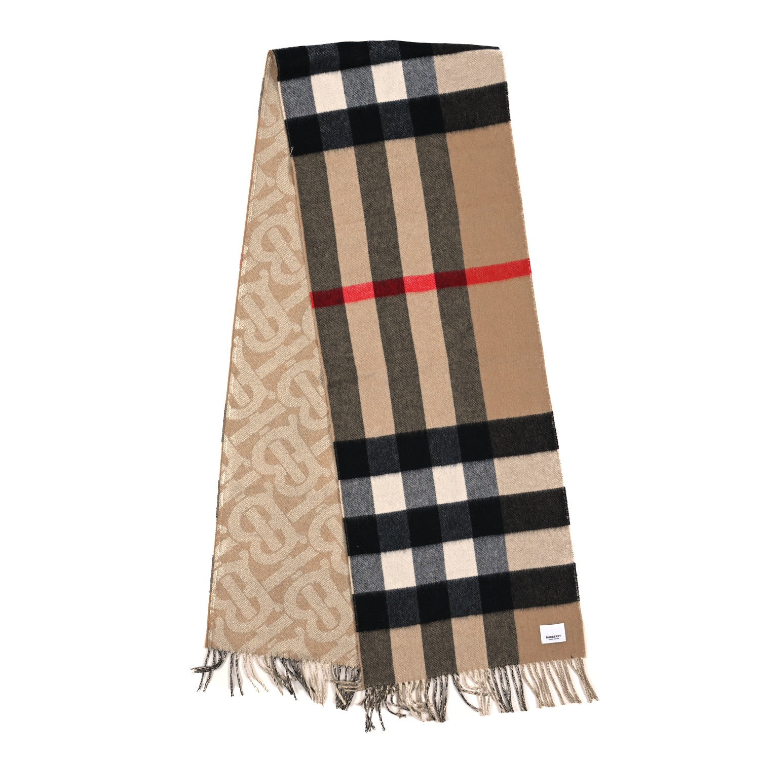 Burberry Cashmere Half Mega Check Monogram TB Reversible Fringe Scarf Archive Beige Gold 2 of 4