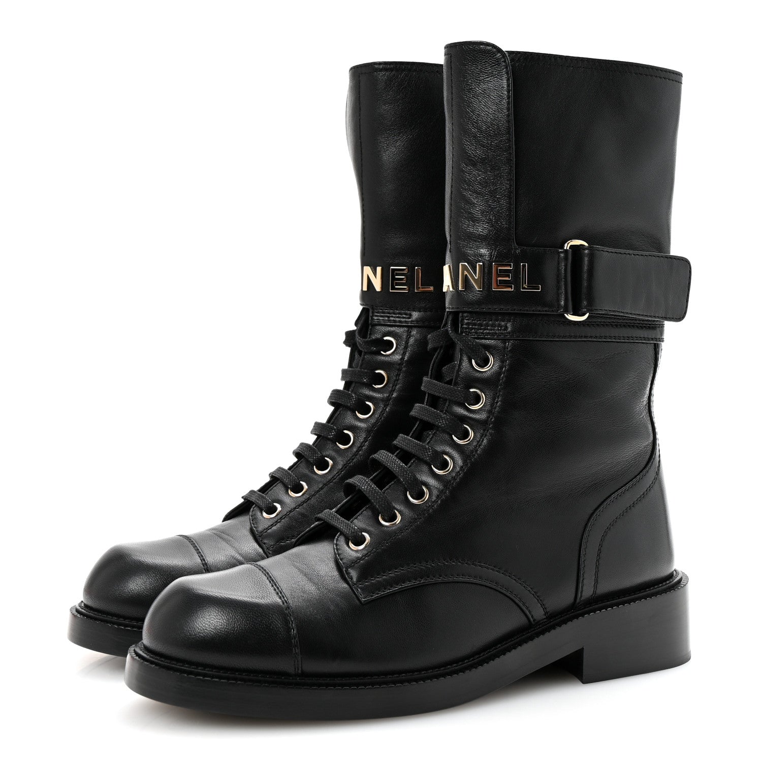 Chanel Lambskin Calfskin Lace Up Combat Boots 39 Black 4 of 9