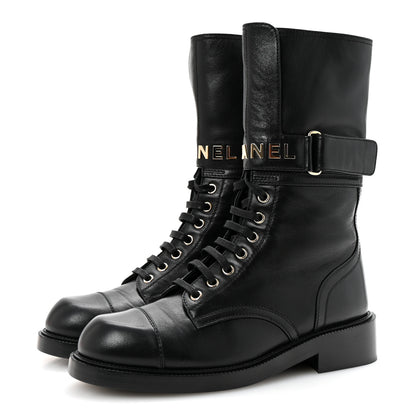 Chanel Lambskin Calfskin Lace Up Combat Boots 39 Black 4 of 9