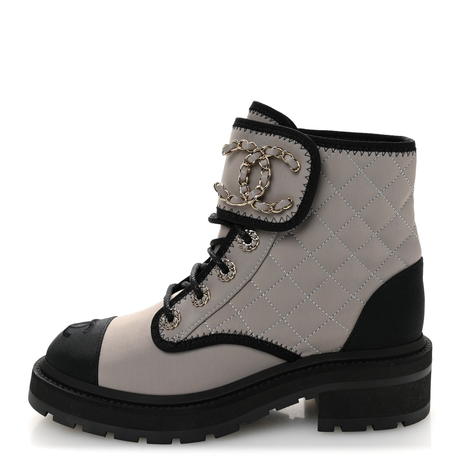 Chanel Fabric Grosgrain Quilted Cap Toe Lace Up Combat Boots 36 Gray 1 of 10