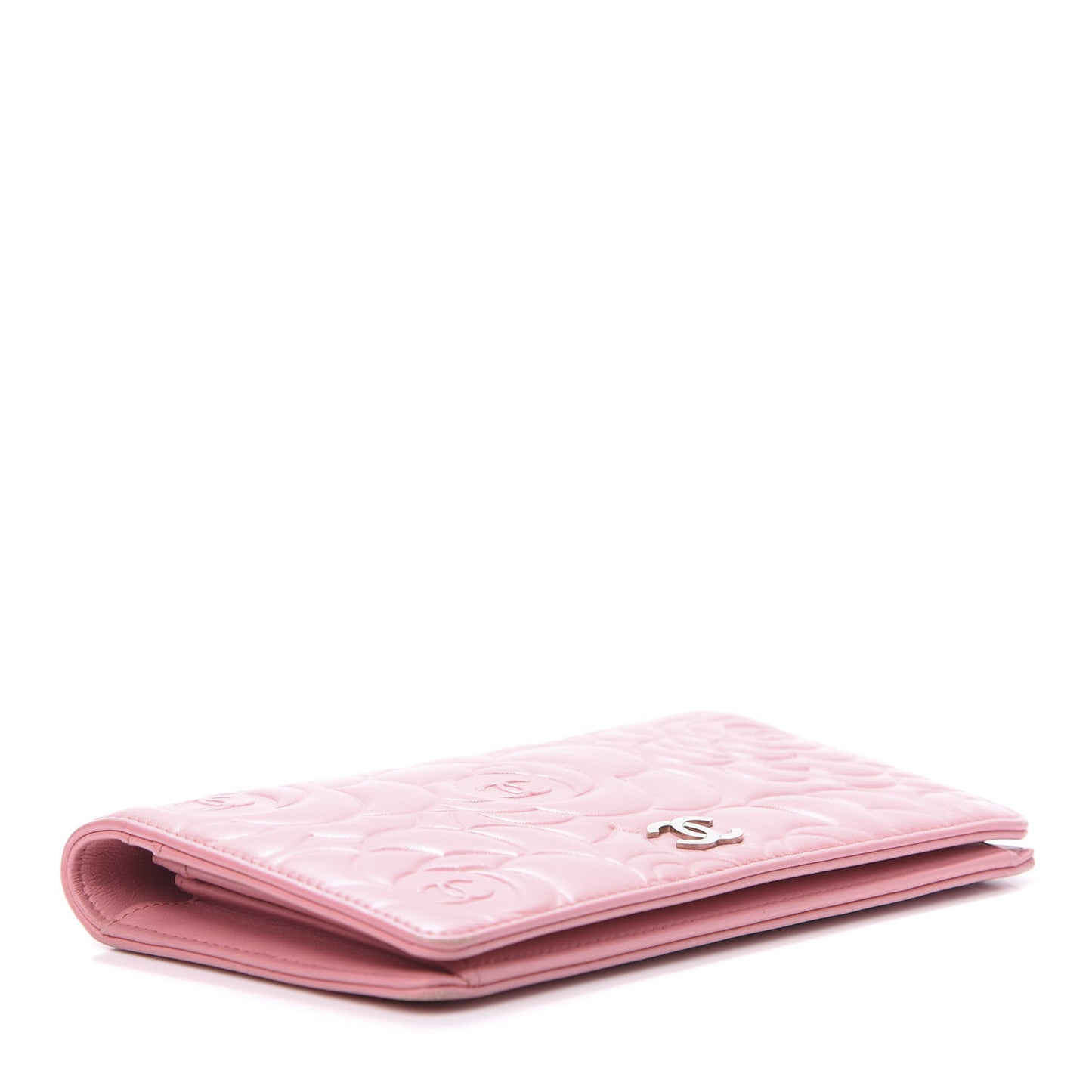 Lambskin Camellia Embossed Yen Wallet Pink