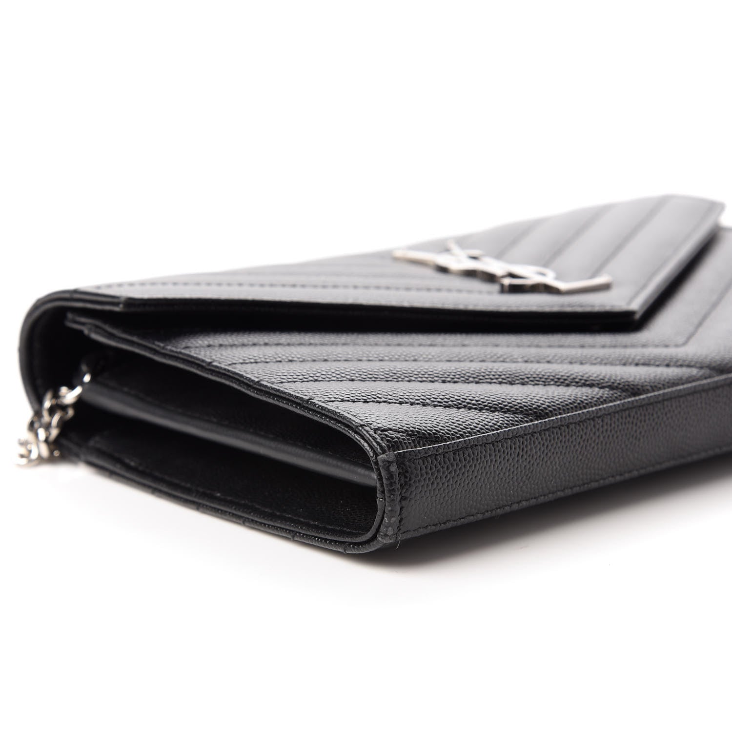 Saint Laurent Grain De Poudre Matelasse Chevron Monogram Chain Wallet Black 6 of 11