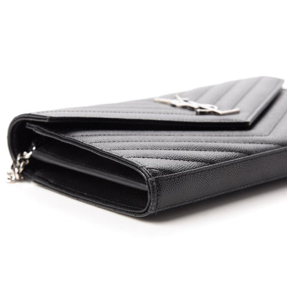 Saint Laurent Grain De Poudre Matelasse Chevron Monogram Chain Wallet Black 6 of 11