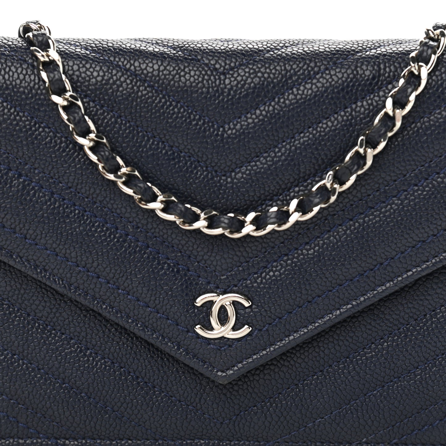 Caviar Chevron Quilted Statement Wallet On Chain WOC Navy