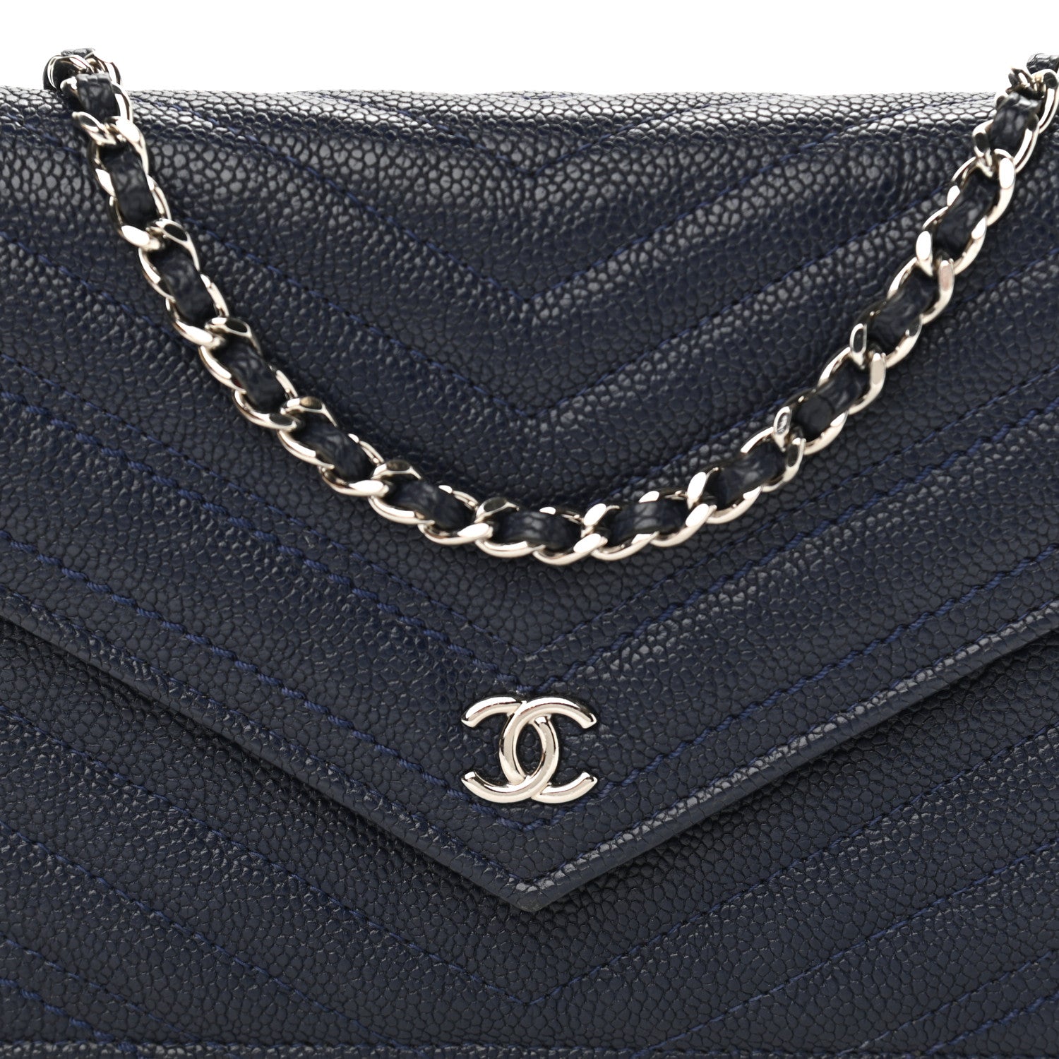 Chanel Caviar Chevron Quilted Statement Wallet On Chain WOC Navy 9 of 12