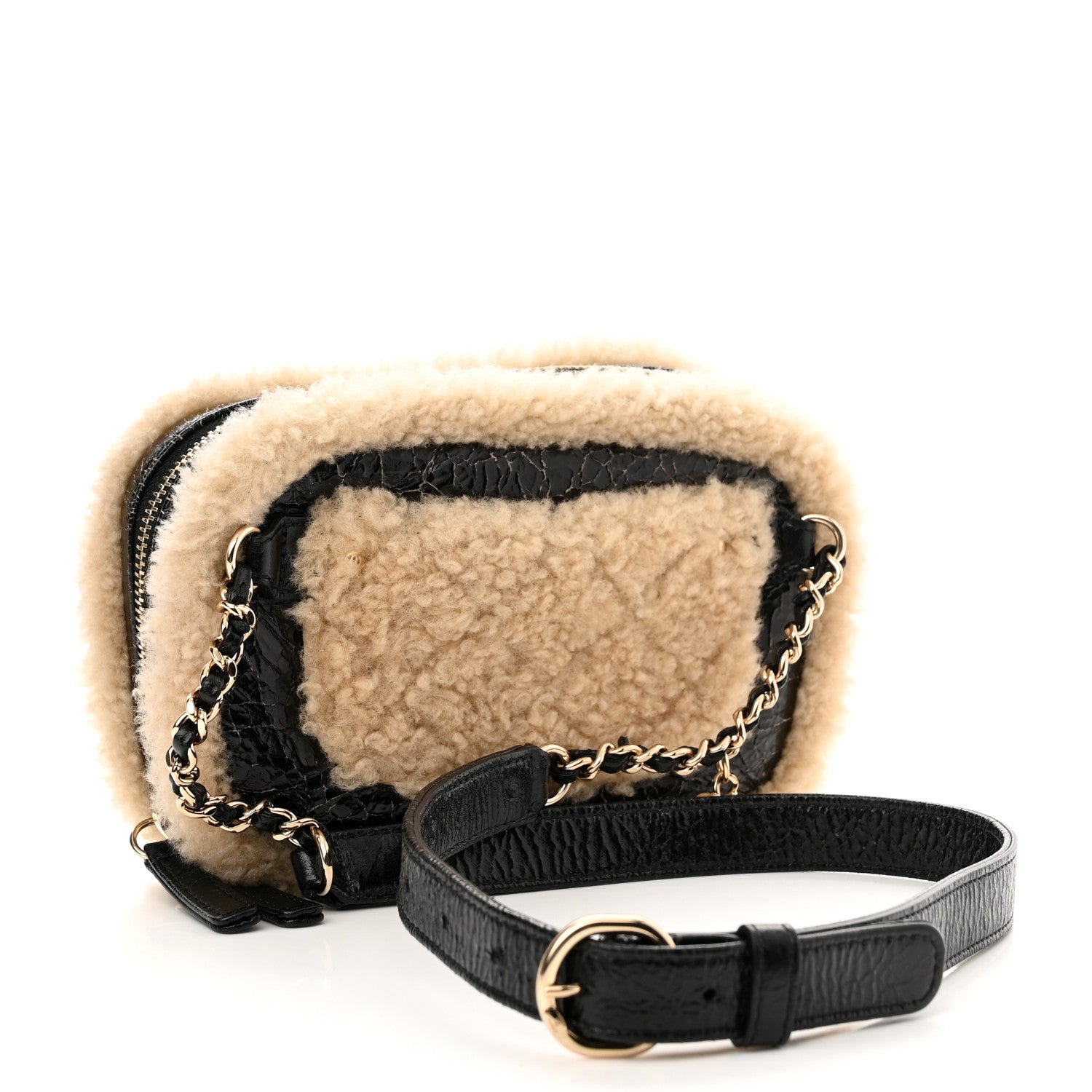 Chanel Shiny Crumpled Sheepskin Shearling Waist Bag Black Beige 3 of 10