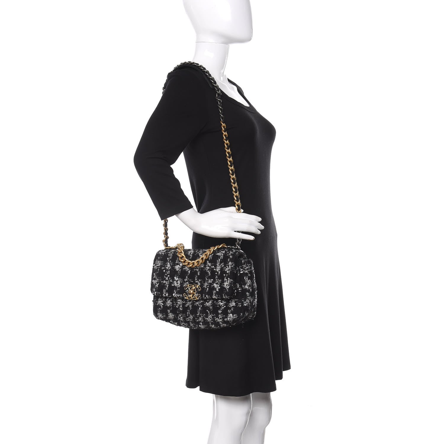 Chanel Tweed Quilted Medium Chanel 19 Flap Black Silver Ecru 2 of 10