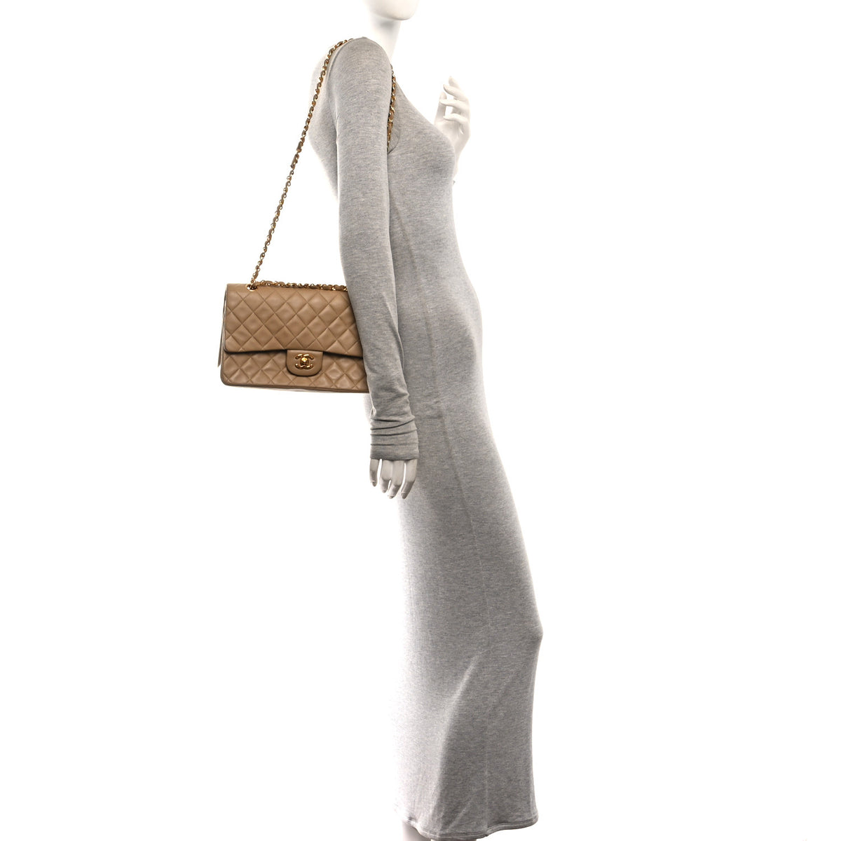 Lambskin Quilted Medium Double Flap Beige