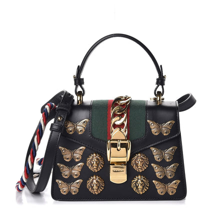 Gucci Calfskin Animal Studs Mini Sylvie Top Handle Bag Black 1 of 13