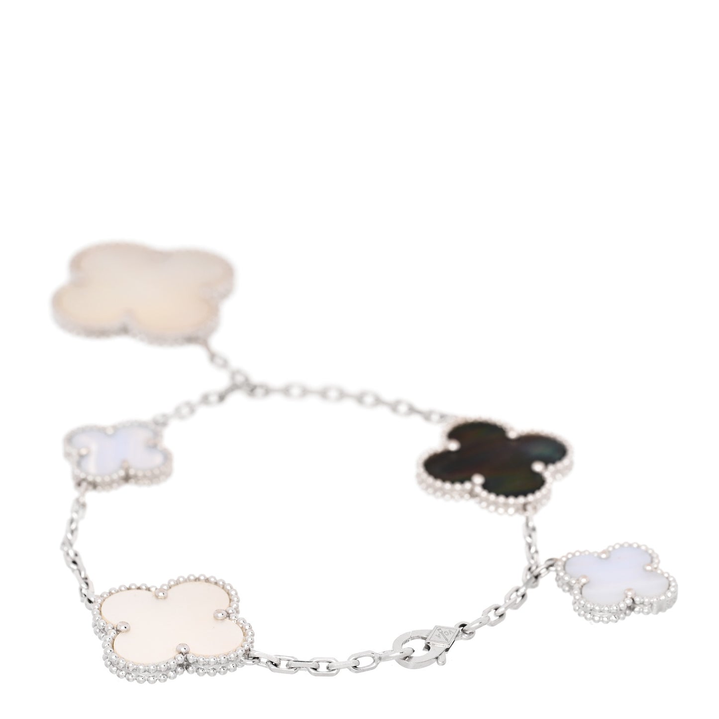 18K White Gold Chalcedony Mother of Pearl 5 Motifs Magic Alhambra Bracelet