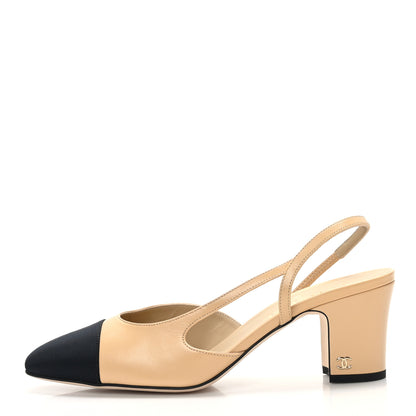 Chanel Goatskin Grosgrain Cap Toe CC Slingback Pumps 40 Beige Black 1 of 7