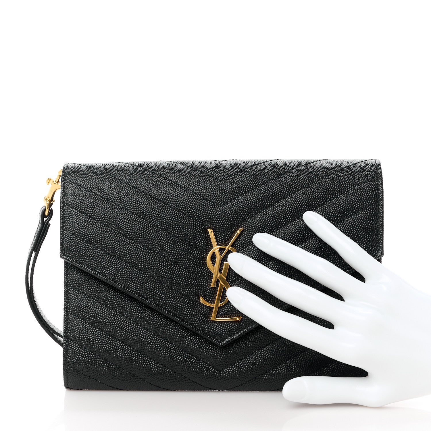 Saint Laurent Grain De Poudre Matelasse Chevron Monogram Envelope Clutch Black 2 of 10