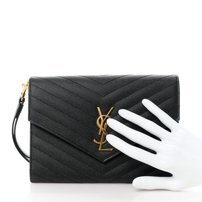 Saint Laurent Grain De Poudre Matelasse Chevron Monogram Envelope Clutch Black 2 of 10
