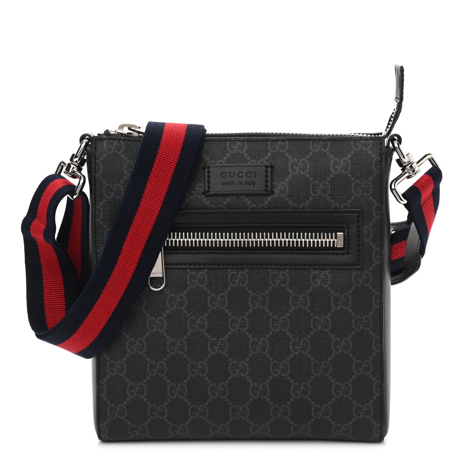 Gucci GG Supreme Monogram Web Small Flat Messenger Bag Black Grey 1 of 9