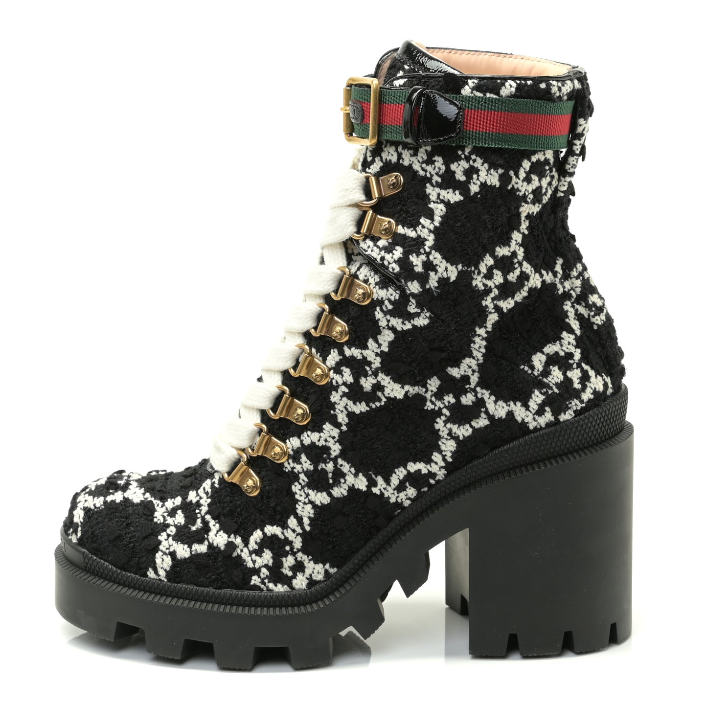 Tweed GG Monogram Lace Up Combat Ankle Boots 36 Black
