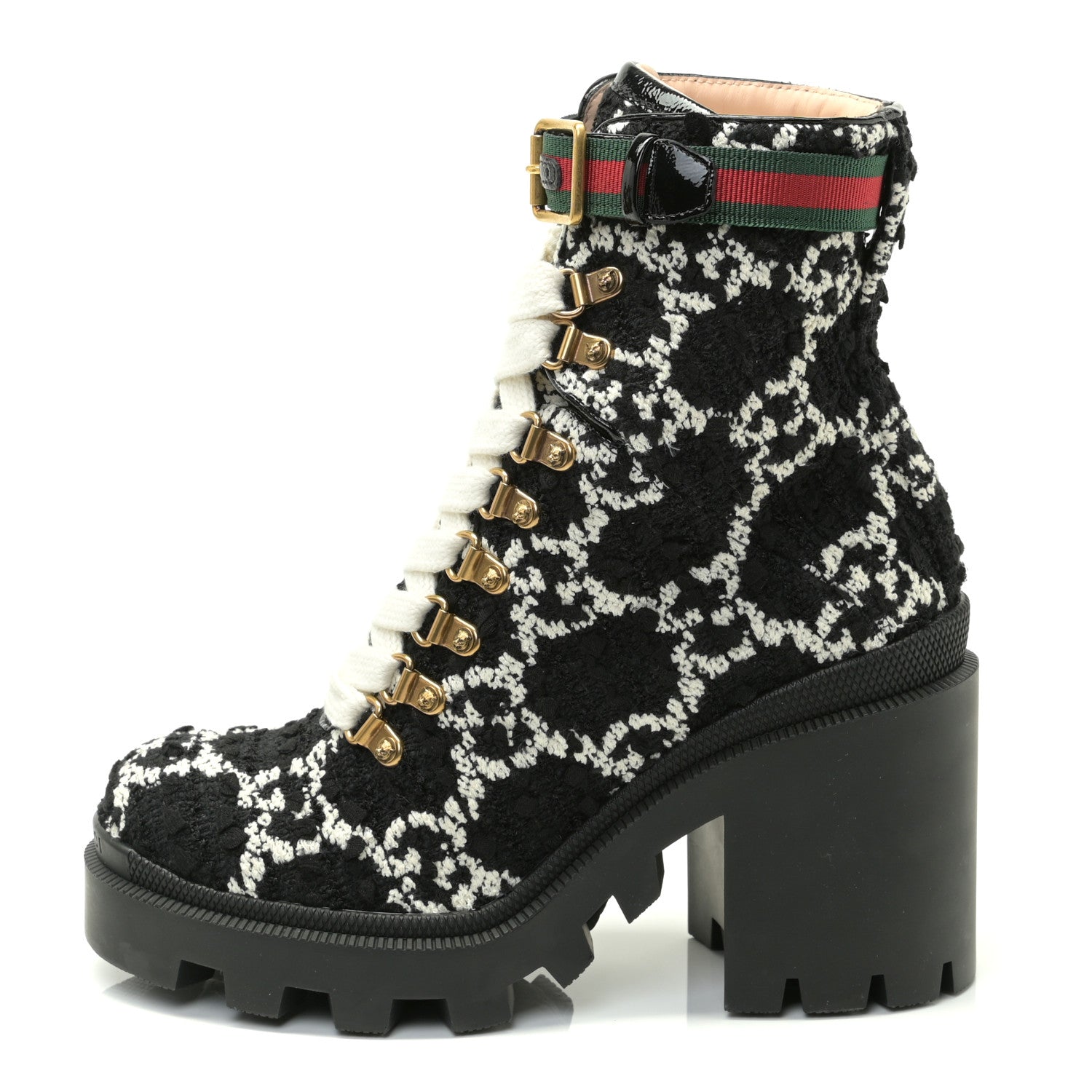 Gucci Tweed GG Monogram Lace Up Combat Ankle Boots 36 Black 1 of 6