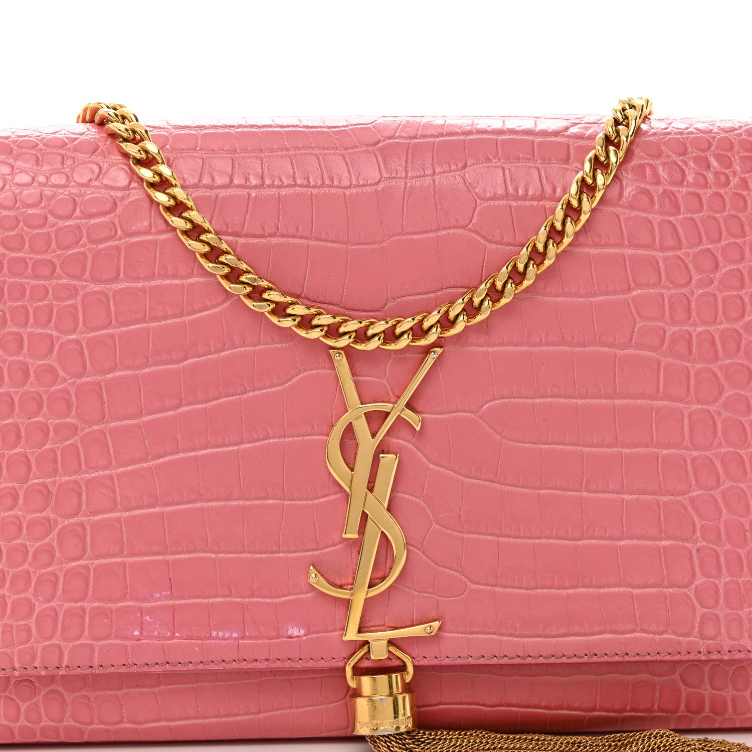 Saint Laurent Calfskin Crocodile Embossed Medium Classic Monogram Kate Tassel Satchel Pink 8 of 12