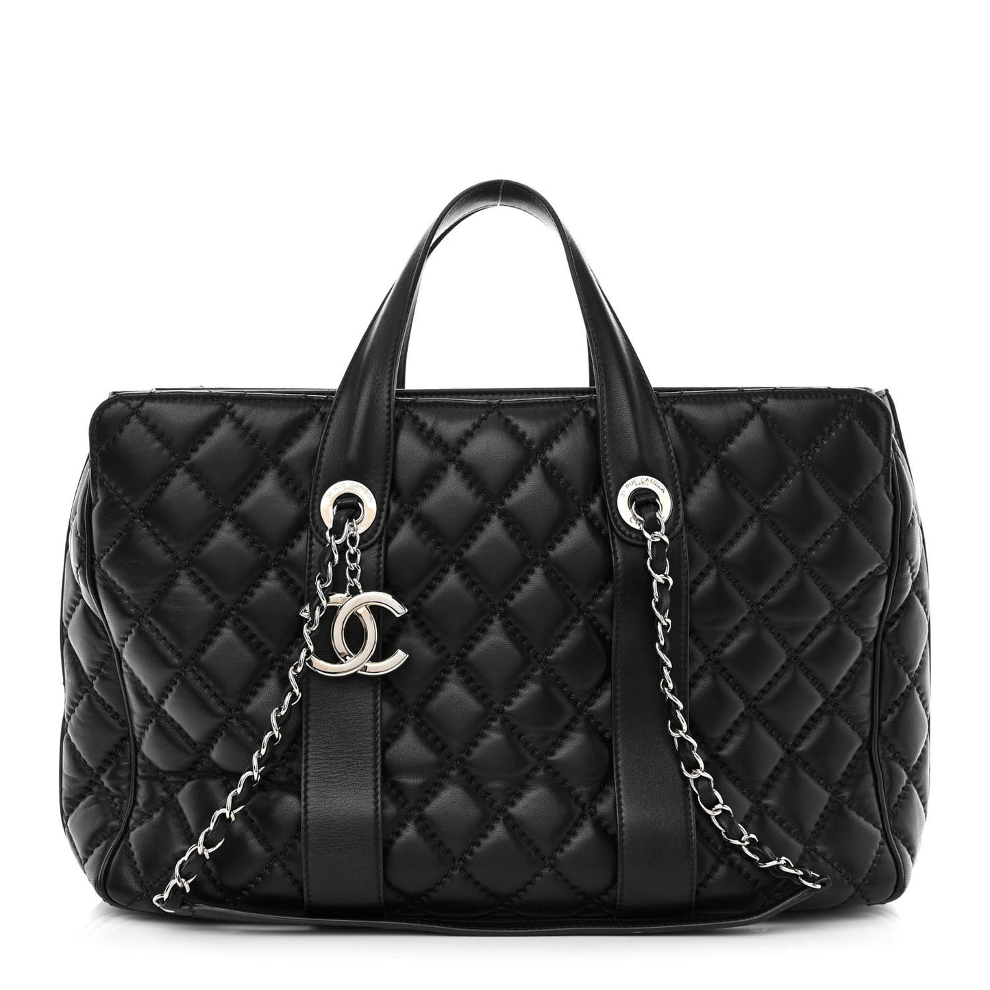 Lambskin Quilted Large Easy Carry Shopping Tote Black