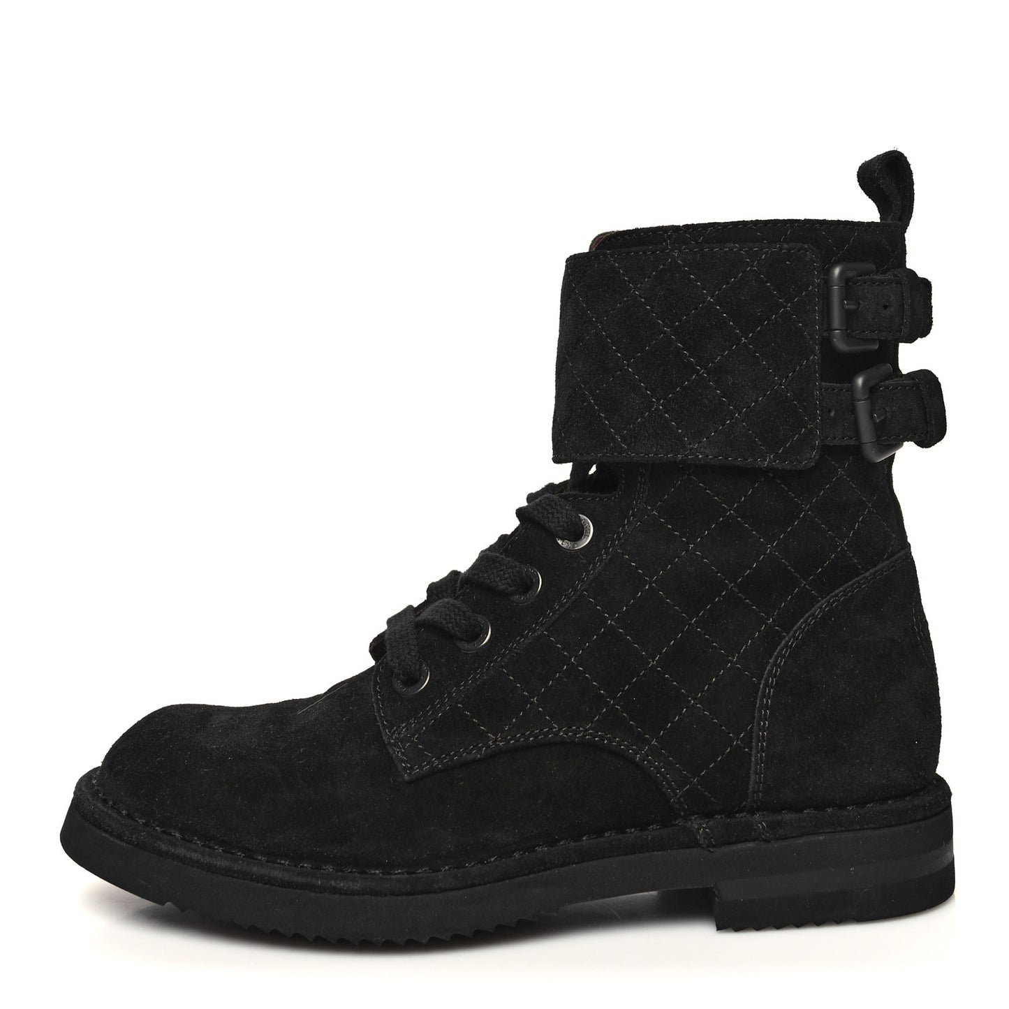 Suede Calfskin Quilted Combat Short Boots 36 Black