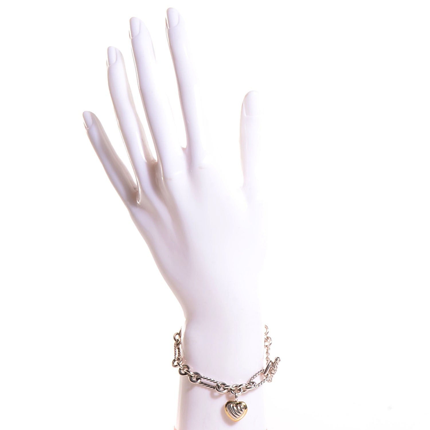 David Yurman Sterling Silver 18K Yellow Gold Cable Heart Charm Bracelet 2 of 6