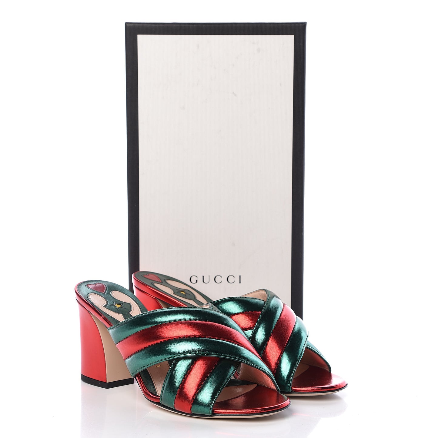 Metallic Nappa Crossover Mid Heel Slide Sandals 38 Green Flame Red