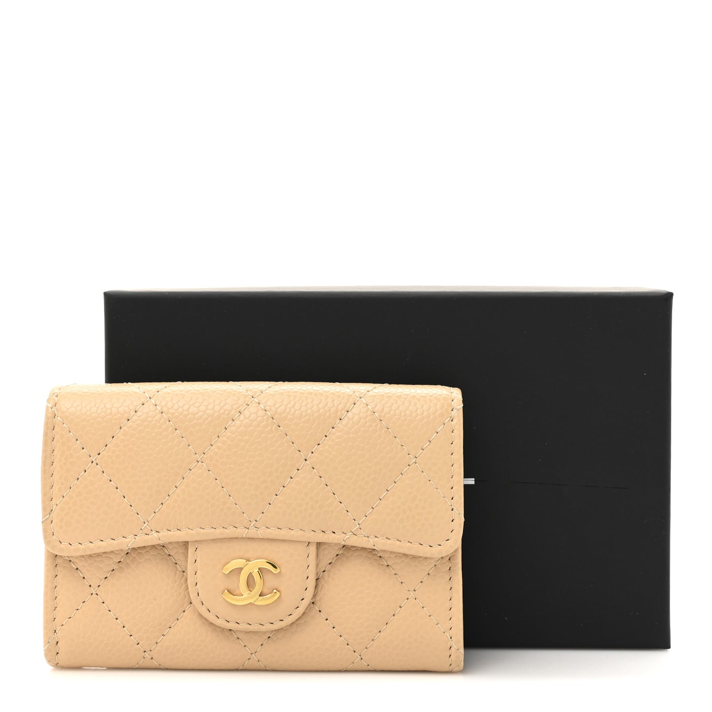 Caviar Quilted Flap Card Holder Wallet Beige