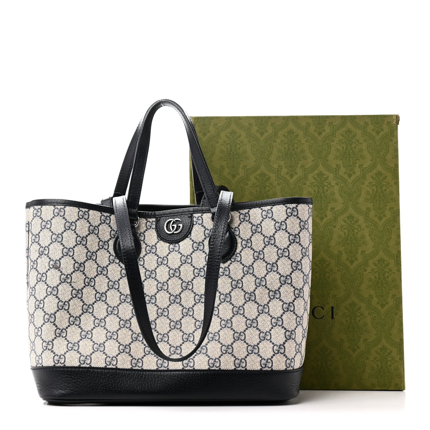 GG Supreme Monogram Textured Dollar Calfskin Medium Shoulder Tote Bag Beige Blue