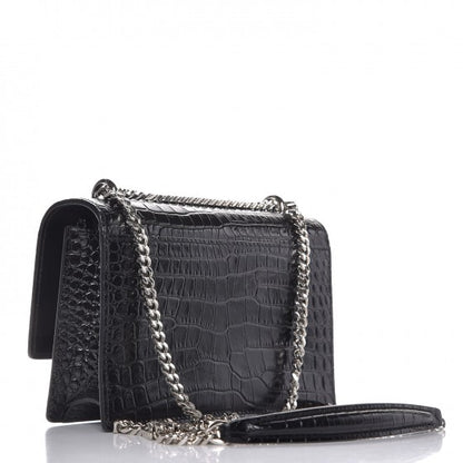Saint Laurent Calfskin Crocodile Embossed Monogram Sunset Chain Wallet Black 3 of 7